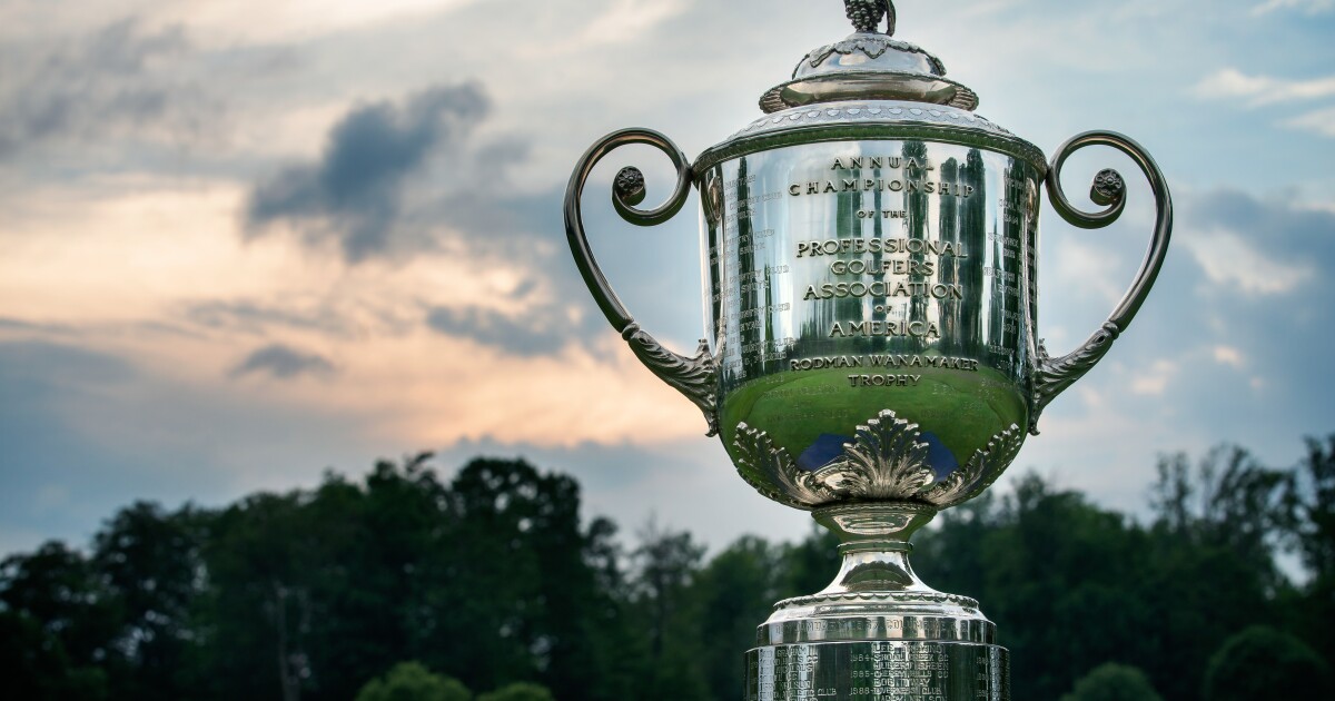 PGA Championship trophy for upcoming golf tournament