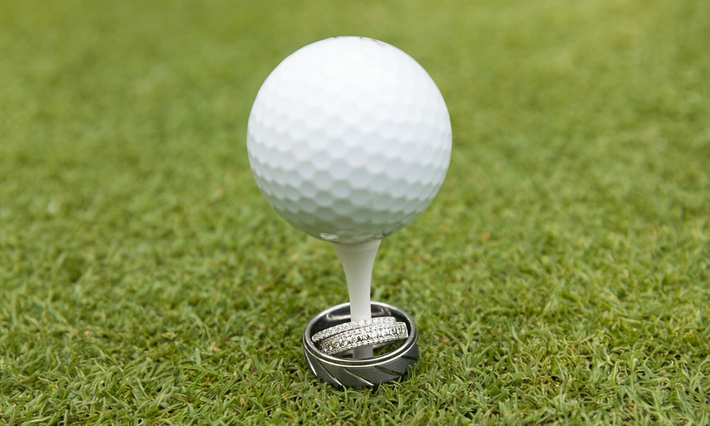 Torrey Pines Proposal - wedding rings around golf tee